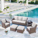 Canapé d'extérieur avec fauteuils et poufs - Marron