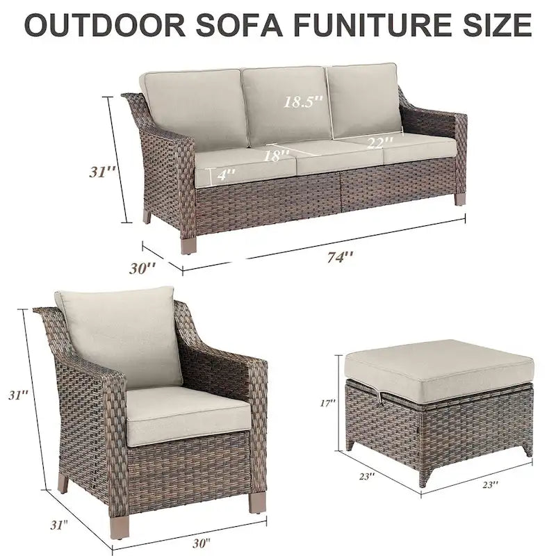 Canapé d'extérieur avec fauteuils et poufs - Marron