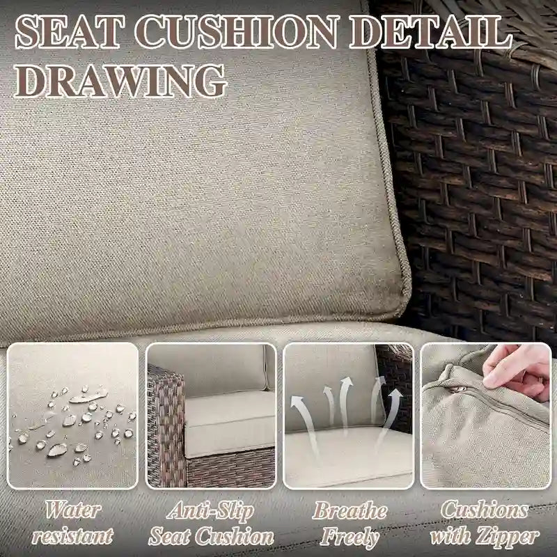 Canapé d'extérieur avec fauteuils et poufs - Marron