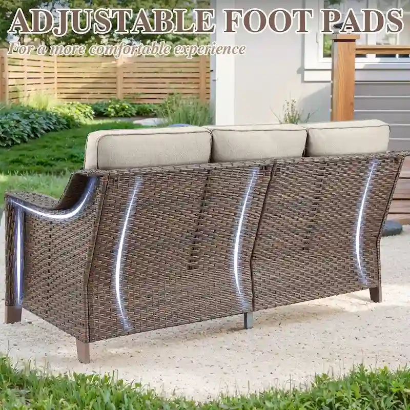Canapé d'extérieur avec fauteuils et poufs - Marron