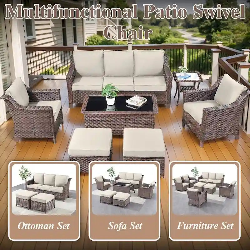 Canapé d'extérieur avec fauteuils et poufs - Marron