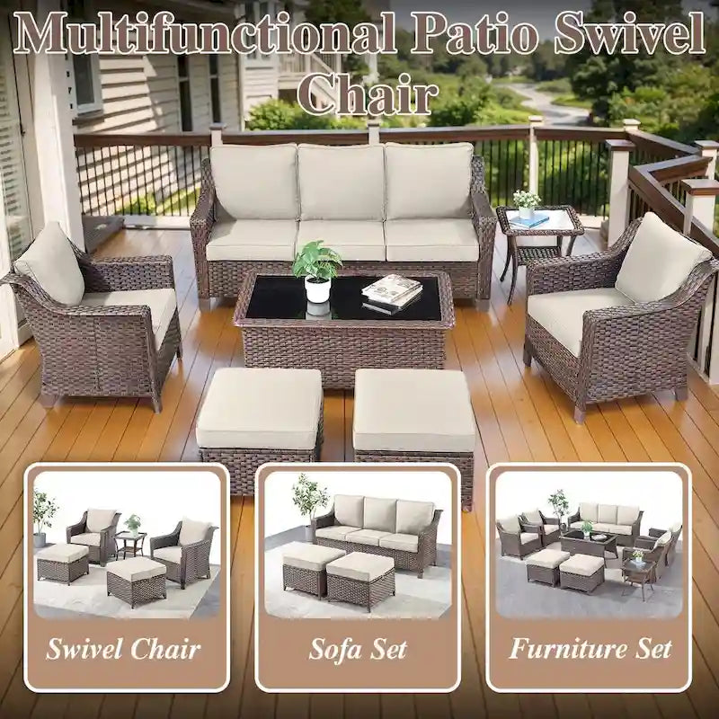 Canapé d'extérieur avec fauteuils et poufs - Marron