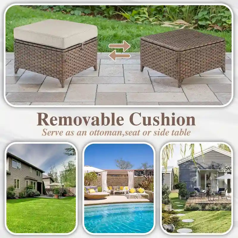 Canapé d'extérieur avec fauteuils et poufs - Marron