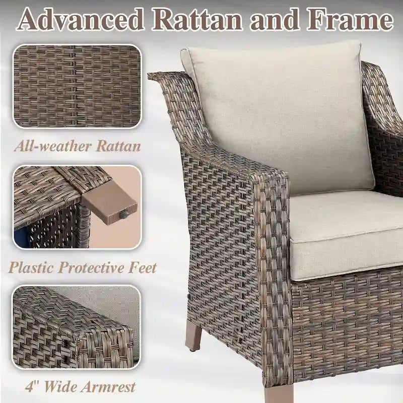 Canapé d'extérieur avec fauteuils et poufs - Marron
