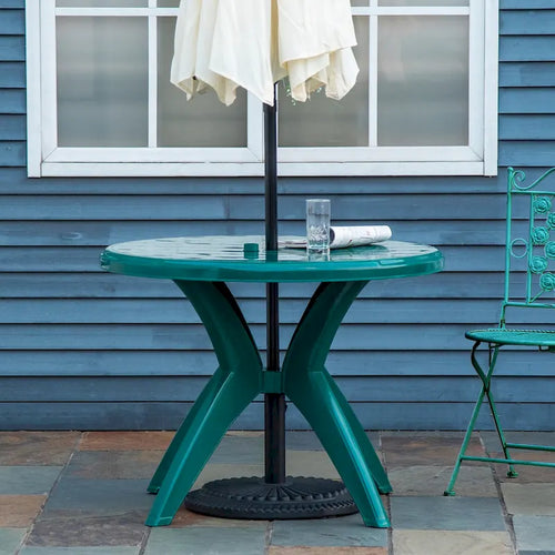 Table de patio ronde en plastique de 92 cm de diamètre avec trou pour parasol, table de bistrot d'extérieur, idéale pour un bar, un jardin, une cour, une piscine ou tout autre espace extérieur.