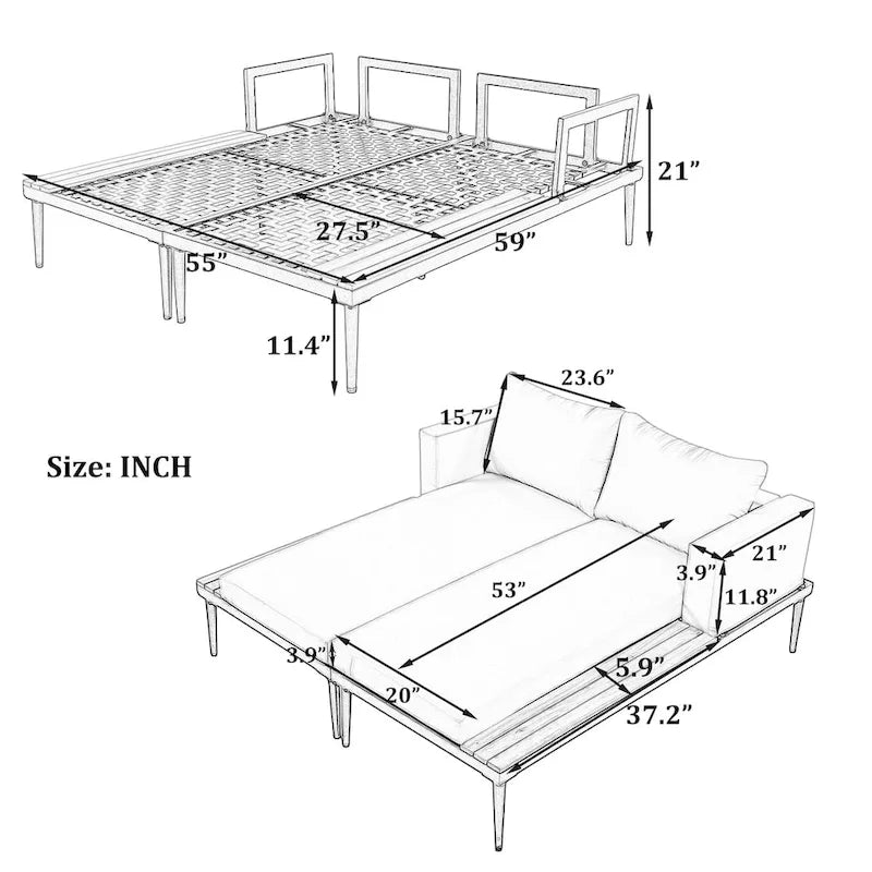 Lit de jour d'extérieur moderne en métal avec plateaux en bois, espaces latéraux pour les boissons, 2 chaises longues rembourrées en 1