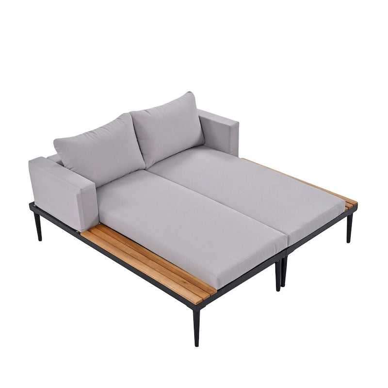 Lit de jour d'extérieur moderne en métal avec plateaux en bois, espaces latéraux pour les boissons, 2 chaises longues rembourrées en 1