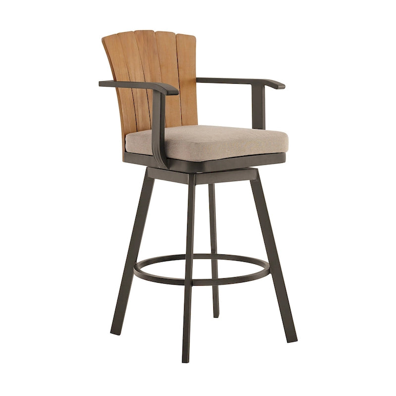 Tabouret de bar pivotant d'extérieur Luna 76 cm, bois de teck rustique, marron