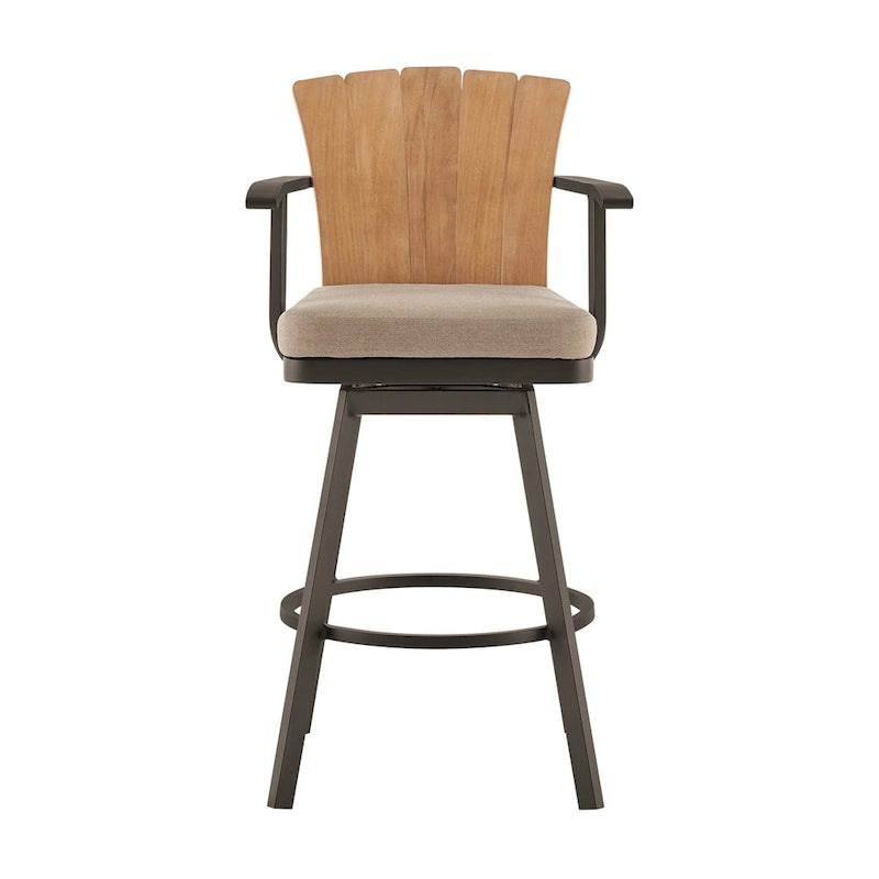 Tabouret de bar pivotant d'extérieur Luna 76 cm, bois de teck rustique, marron