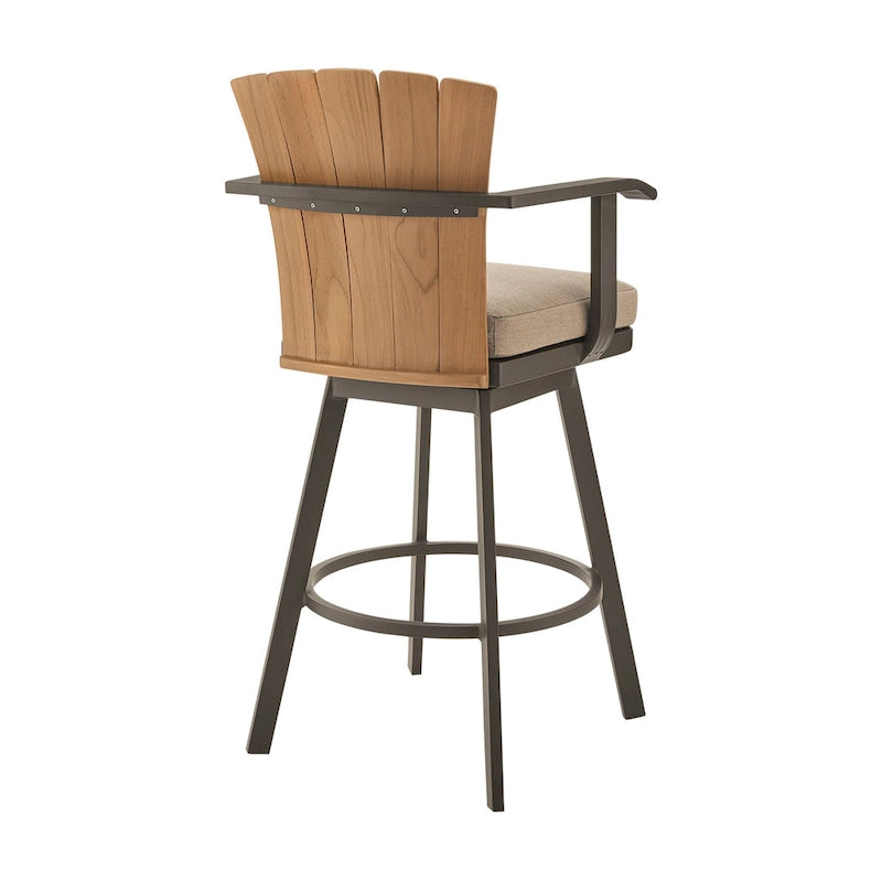 Tabouret de bar pivotant d'extérieur Luna 76 cm, bois de teck rustique, marron