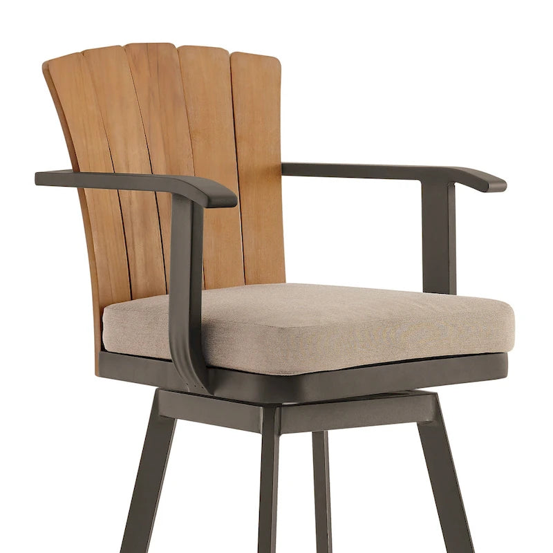 Tabouret de bar pivotant d'extérieur Luna 76 cm, bois de teck rustique, marron