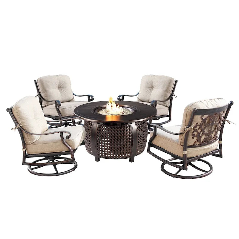 Ensemble table de feu ronde d'extérieur en aluminium de 112 cm (44 po) avec quatre fauteuils à bascule pivotants profonds et accessoires