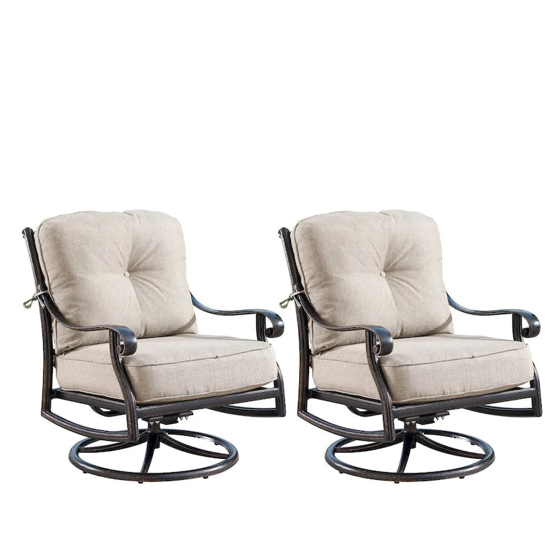 Ensemble table de feu ronde d'extérieur en aluminium de 112 cm (44 po) avec quatre fauteuils à bascule pivotants profonds et accessoires
