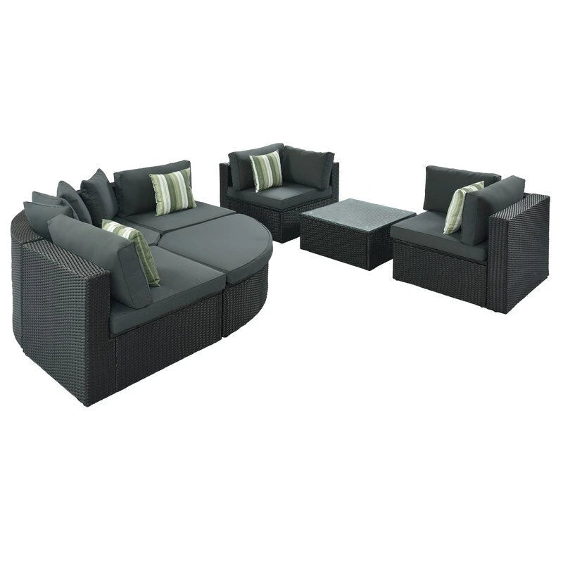 Ensemble de canapé de conversation d'extérieur en osier 7 pièces avec coussins verts rayés