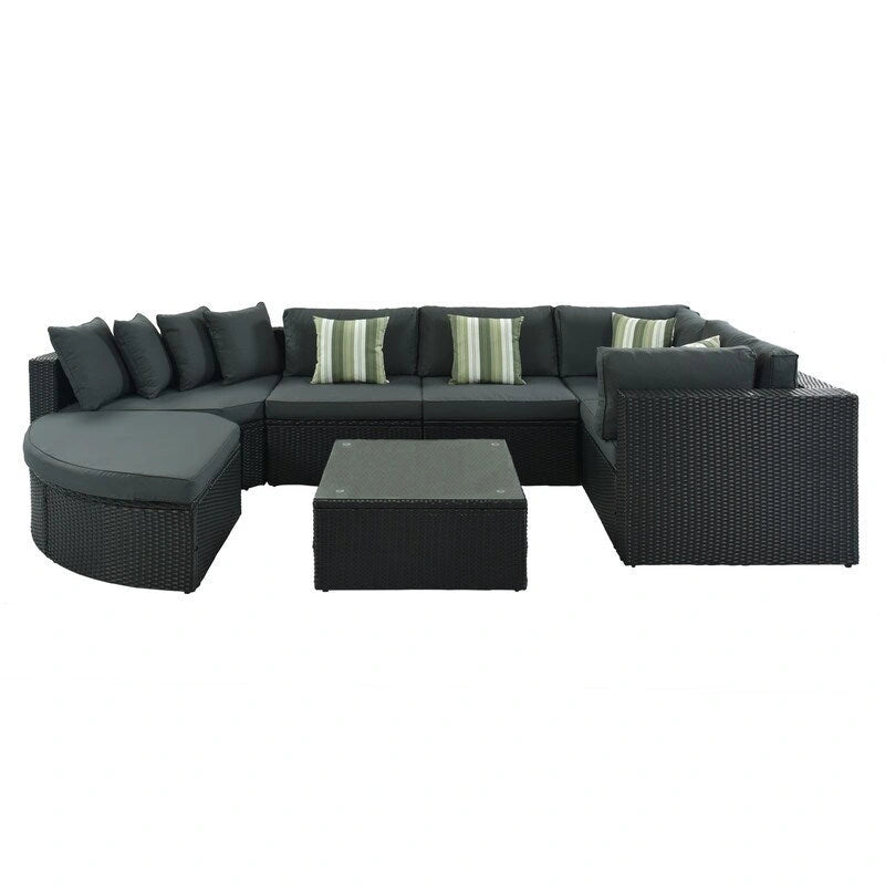 Ensemble de canapé de conversation d'extérieur en osier 7 pièces avec coussins verts rayés
