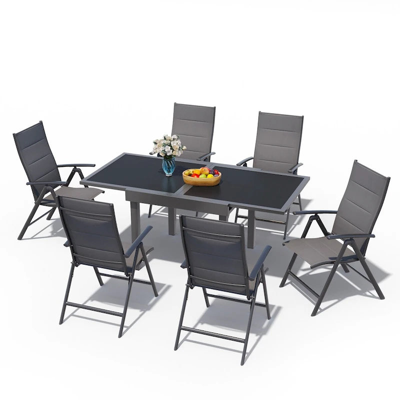 Ensemble de mobilier de jardin 7 pièces avec chaises pliantes réglables et 1 table extensible