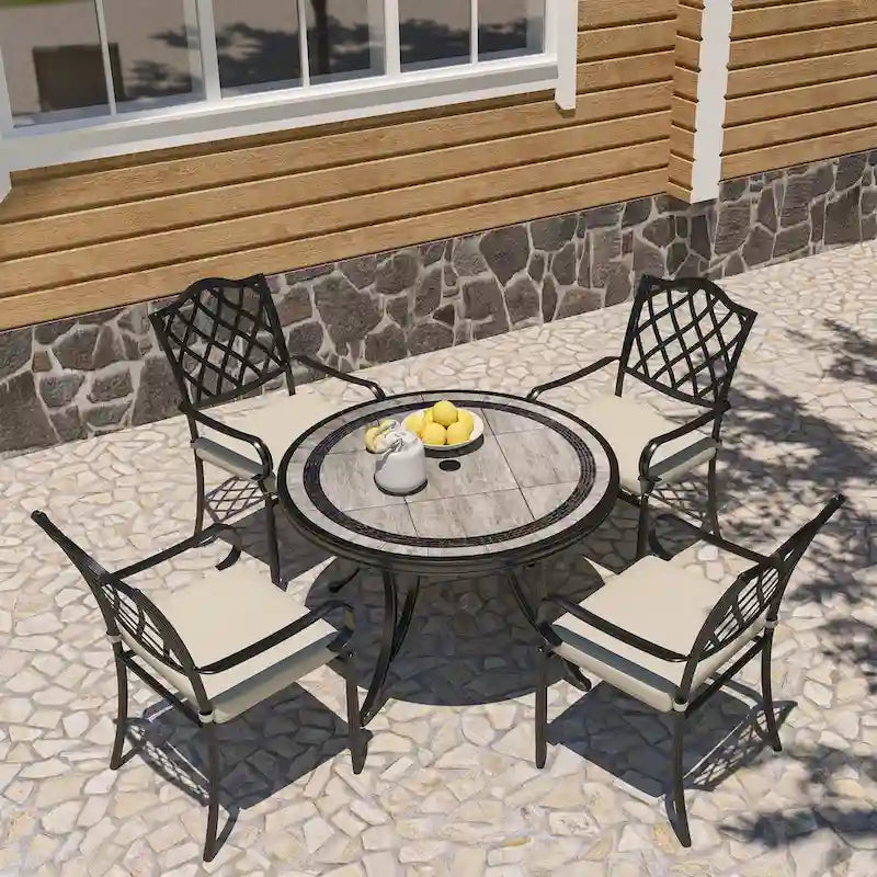 Cast Aluminum 5-Piece Outdoor Patio Dining Set with Ceramic Tile Top Table and Chairs