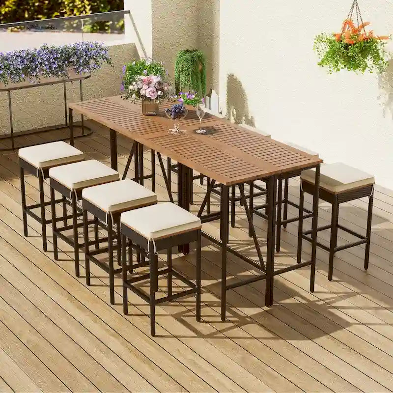 Ensemble de jardin 10 pièces comprenant une table et 8 tabourets avec coussins, table à manger en rotin synthétique, plateau pliable, mobilier de jardin résistant aux intempéries