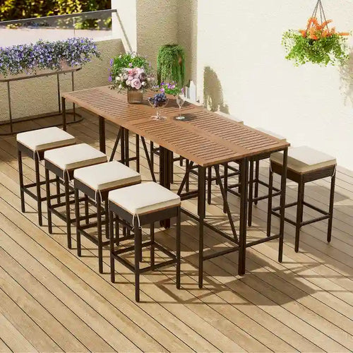 10-Piece Outdoor Table,8 Stools With Cushions,PE Rattan Wicker Dining Table,Foldable Tabletop,All-Weather Patio Furniture