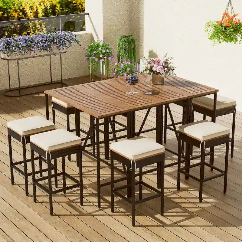 Ensemble de jardin 10 pièces comprenant une table et 8 tabourets avec coussins, table à manger en rotin synthétique, plateau pliable, mobilier de jardin résistant aux intempéries
