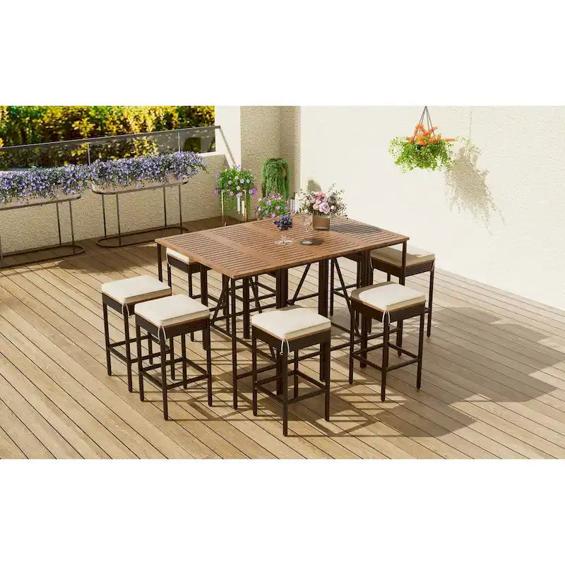 Ensemble de jardin 10 pièces comprenant une table et 8 tabourets avec coussins, table à manger en rotin synthétique, plateau pliable, mobilier de jardin résistant aux intempéries