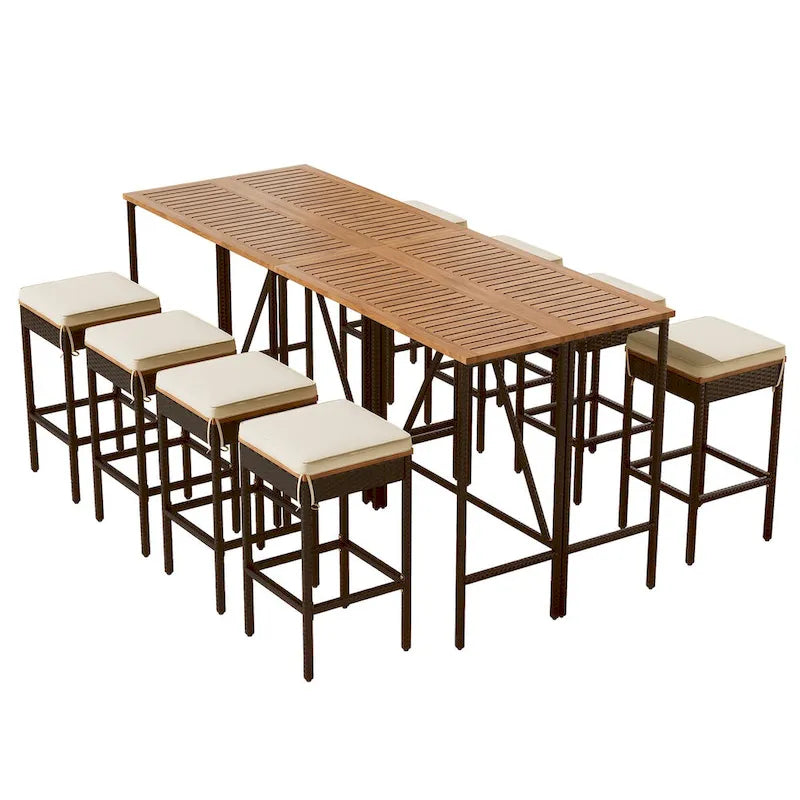 Ensemble de jardin 10 pièces comprenant une table et 8 tabourets avec coussins, table à manger en rotin synthétique, plateau pliable, mobilier de jardin résistant aux intempéries