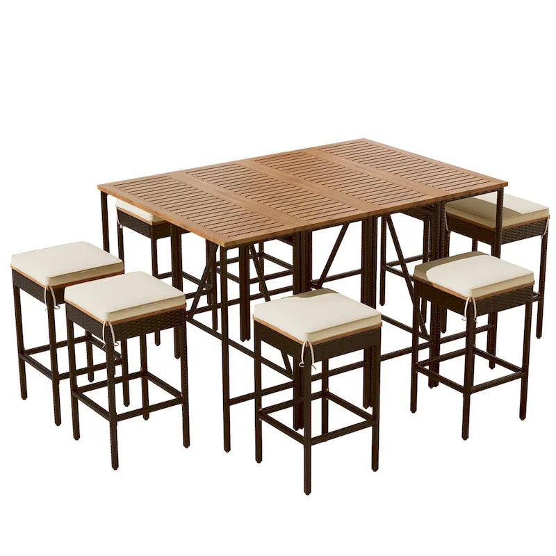 Ensemble de jardin 10 pièces comprenant une table et 8 tabourets avec coussins, table à manger en rotin synthétique, plateau pliable, mobilier de jardin résistant aux intempéries