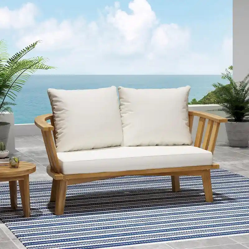 Canapé d'extérieur deux places en bois avec coussins - Blanc/Teck - 55,50 cm L x 27,00 cm P x 25,50 cm H
