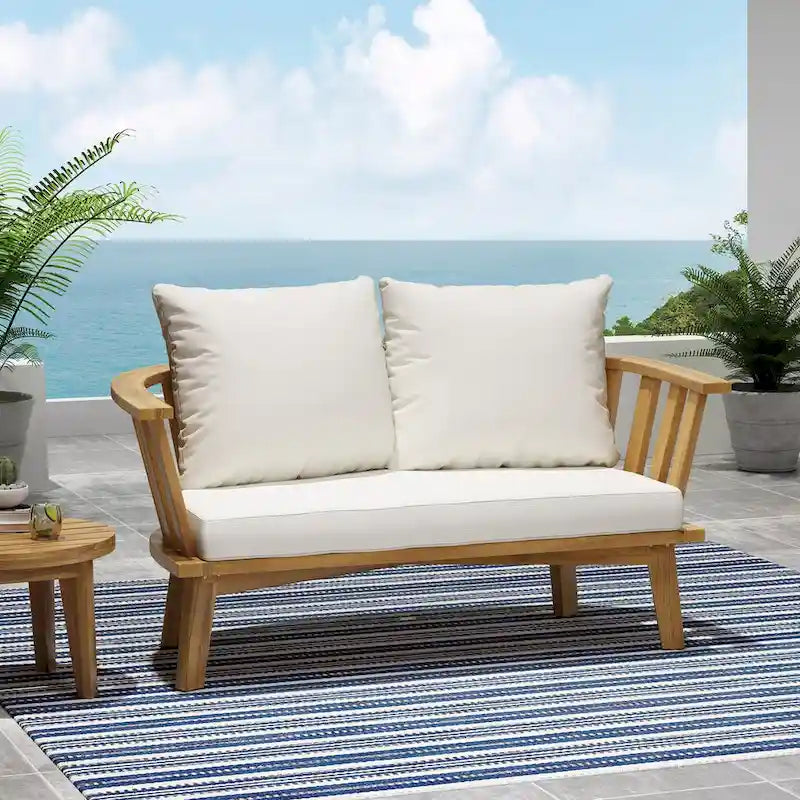 Outdoor Wooden Loveseat with Cushions - White/Teak - 55.50 W x 27.00 D x 25.50 H