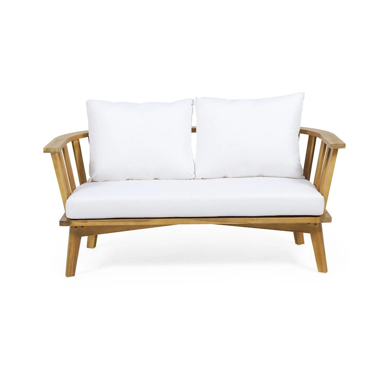 Canapé d'extérieur deux places en bois avec coussins - Blanc/Teck - 55,50 cm L x 27,00 cm P x 25,50 cm H