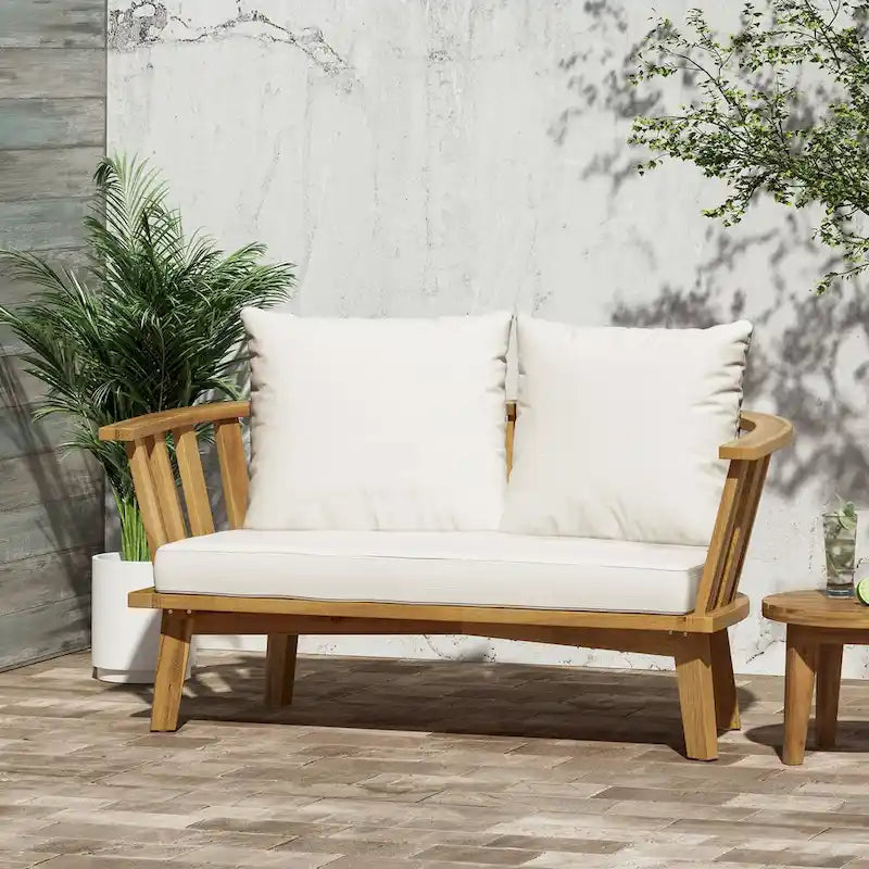 Canapé d'extérieur deux places en bois avec coussins - Blanc/Teck - 55,50 cm L x 27,00 cm P x 25,50 cm H