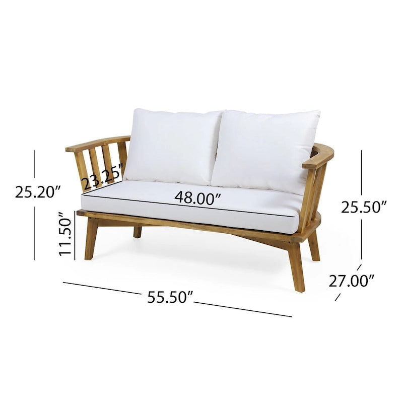 Canapé d'extérieur deux places en bois avec coussins - Blanc/Teck - 55,50 cm L x 27,00 cm P x 25,50 cm H