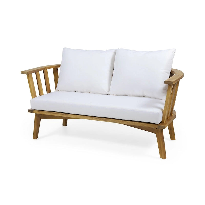 Canapé d'extérieur deux places en bois avec coussins - Blanc/Teck - 55,50 cm L x 27,00 cm P x 25,50 cm H