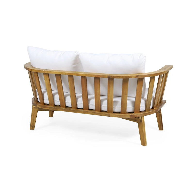 Canapé d'extérieur deux places en bois avec coussins - Blanc/Teck - 55,50 cm L x 27,00 cm P x 25,50 cm H