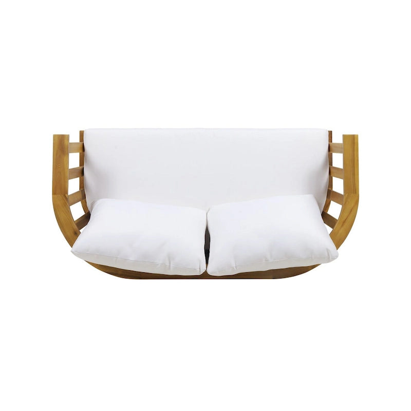 Canapé d'extérieur deux places en bois avec coussins - Blanc/Teck - 55,50 cm L x 27,00 cm P x 25,50 cm H