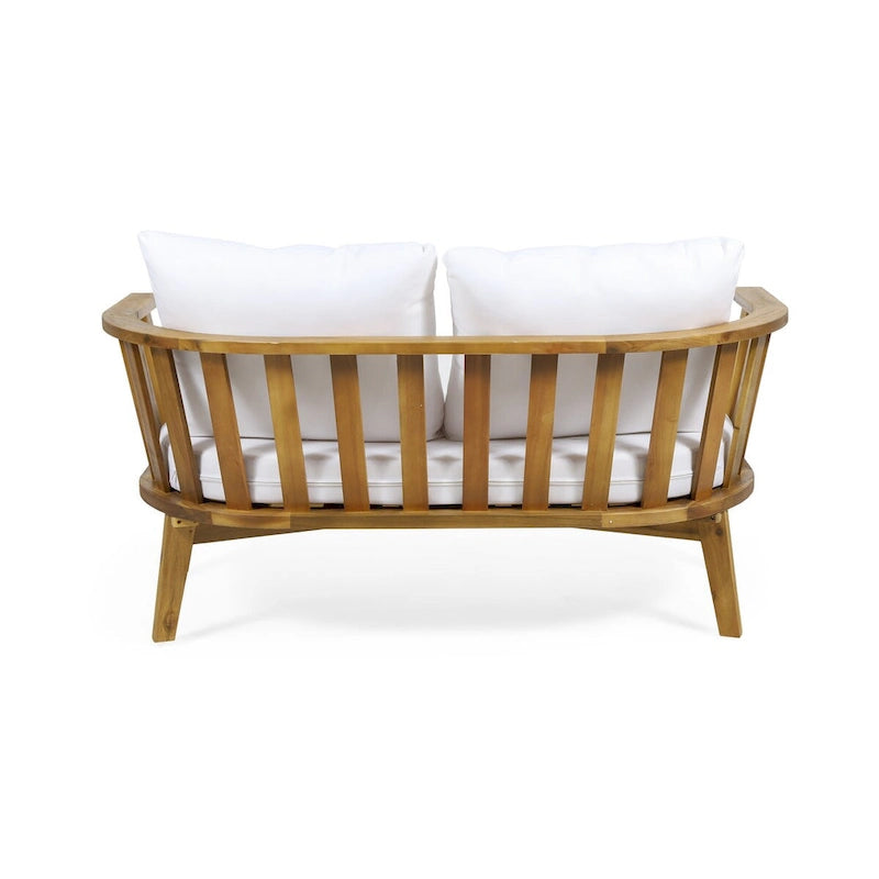Canapé d'extérieur deux places en bois avec coussins - Blanc/Teck - 55,50 cm L x 27,00 cm P x 25,50 cm H