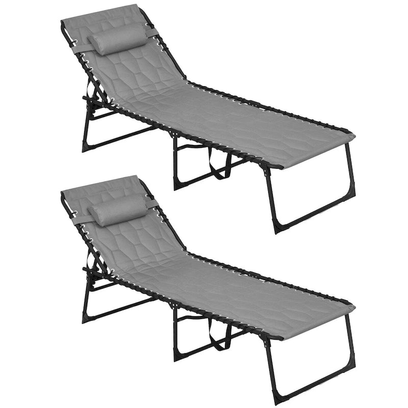Ensemble de chaise longue pliante avec dossier inclinable à 5 positions, fauteuil de bronzage avec assise rembourrée, poche latérale et appui-tête