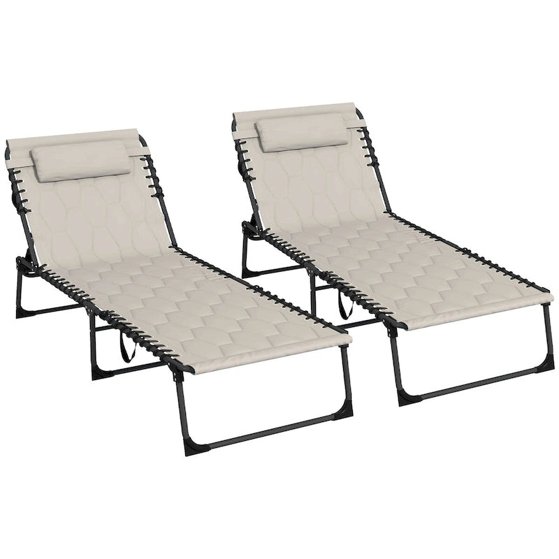 Ensemble de chaise longue pliante avec dossier inclinable à 5 positions, fauteuil de bronzage avec assise rembourrée, poche latérale et appui-tête