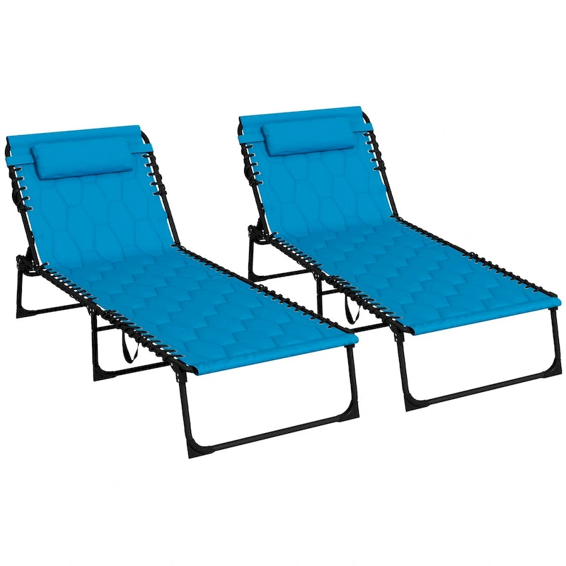 Ensemble de chaise longue pliante avec dossier inclinable à 5 positions, fauteuil de bronzage avec assise rembourrée, poche latérale et appui-tête