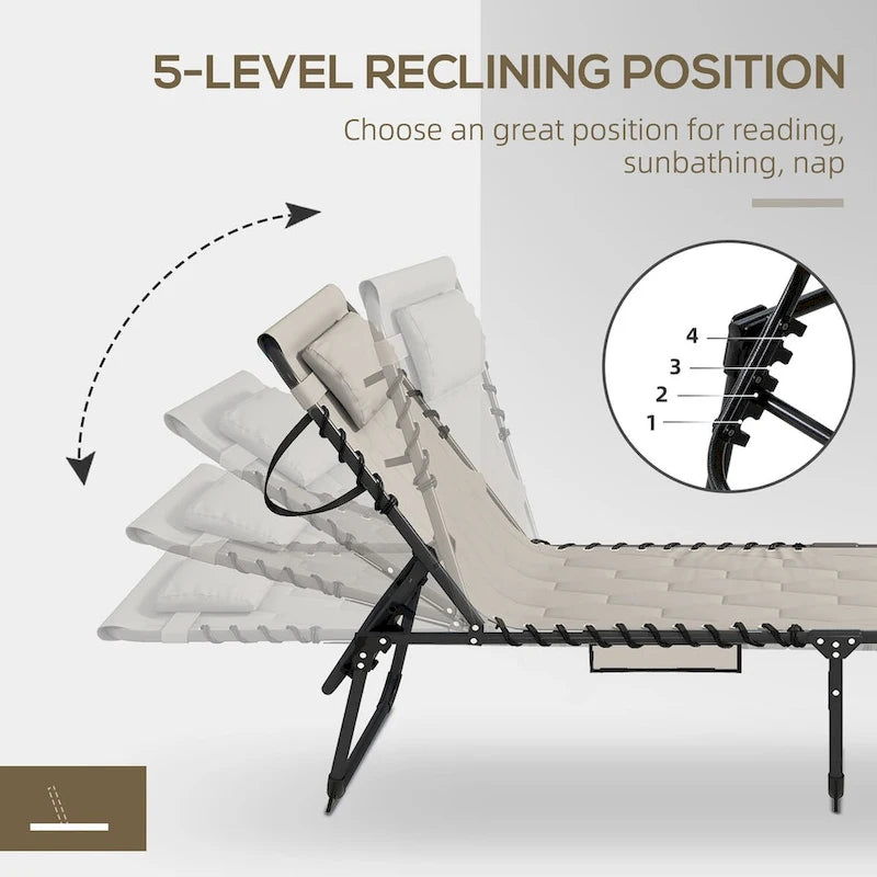 Ensemble de chaise longue pliante avec dossier inclinable à 5 positions, fauteuil de bronzage avec assise rembourrée, poche latérale et appui-tête