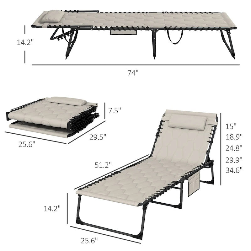 Ensemble de chaise longue pliante avec dossier inclinable à 5 positions, fauteuil de bronzage avec assise rembourrée, poche latérale et appui-tête
