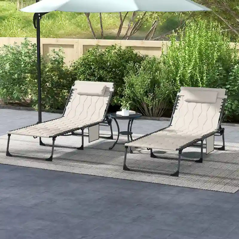 Ensemble de chaise longue pliante avec dossier inclinable à 5 positions, fauteuil de bronzage avec assise rembourrée, poche latérale et appui-tête