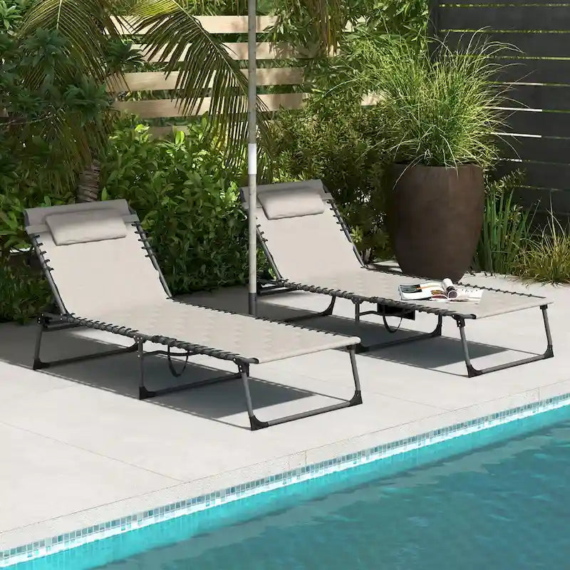 Ensemble de chaise longue pliante avec dossier inclinable à 5 positions, fauteuil de bronzage avec assise rembourrée, poche latérale et appui-tête