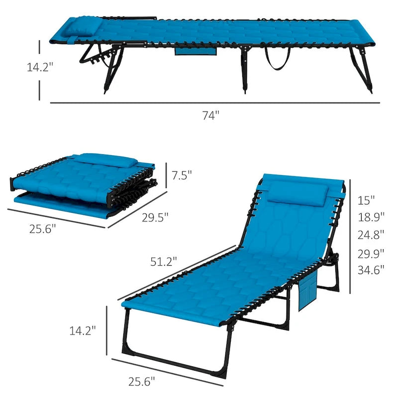Ensemble de chaise longue pliante avec dossier inclinable à 5 positions, fauteuil de bronzage avec assise rembourrée, poche latérale et appui-tête