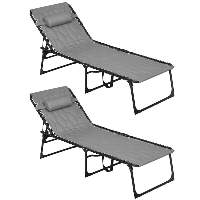 Ensemble de chaise longue pliante avec dossier inclinable à 5 positions, fauteuil de bronzage avec assise rembourrée, poche latérale et appui-tête