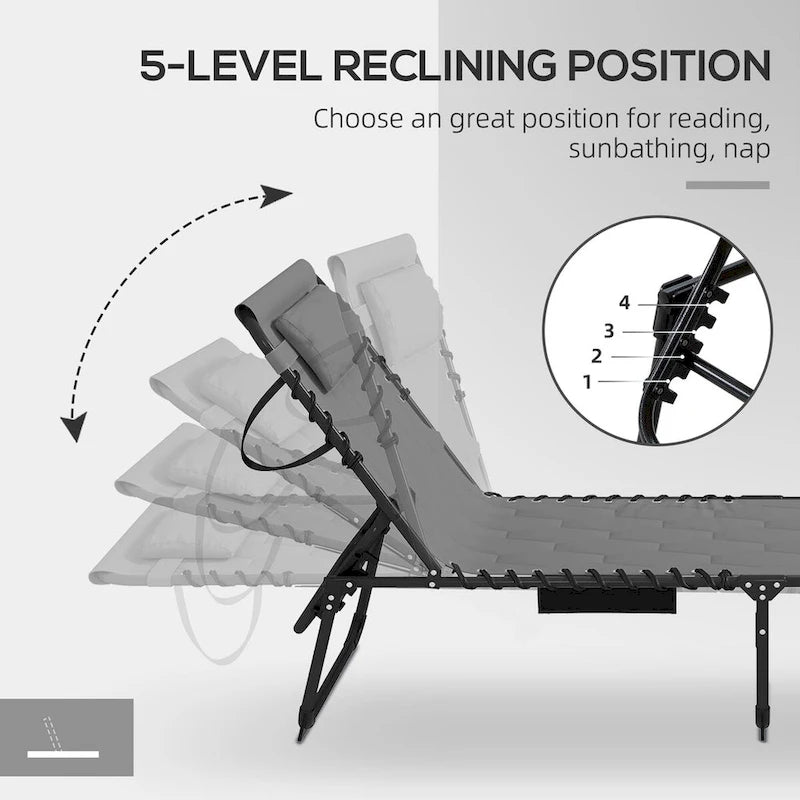 Ensemble de chaise longue pliante avec dossier inclinable à 5 positions, fauteuil de bronzage avec assise rembourrée, poche latérale et appui-tête