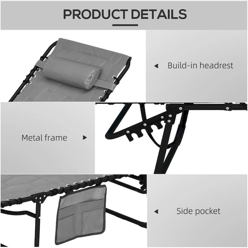 Ensemble de chaise longue pliante avec dossier inclinable à 5 positions, fauteuil de bronzage avec assise rembourrée, poche latérale et appui-tête