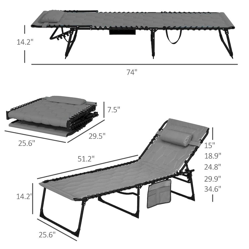 Ensemble de chaise longue pliante avec dossier inclinable à 5 positions, fauteuil de bronzage avec assise rembourrée, poche latérale et appui-tête