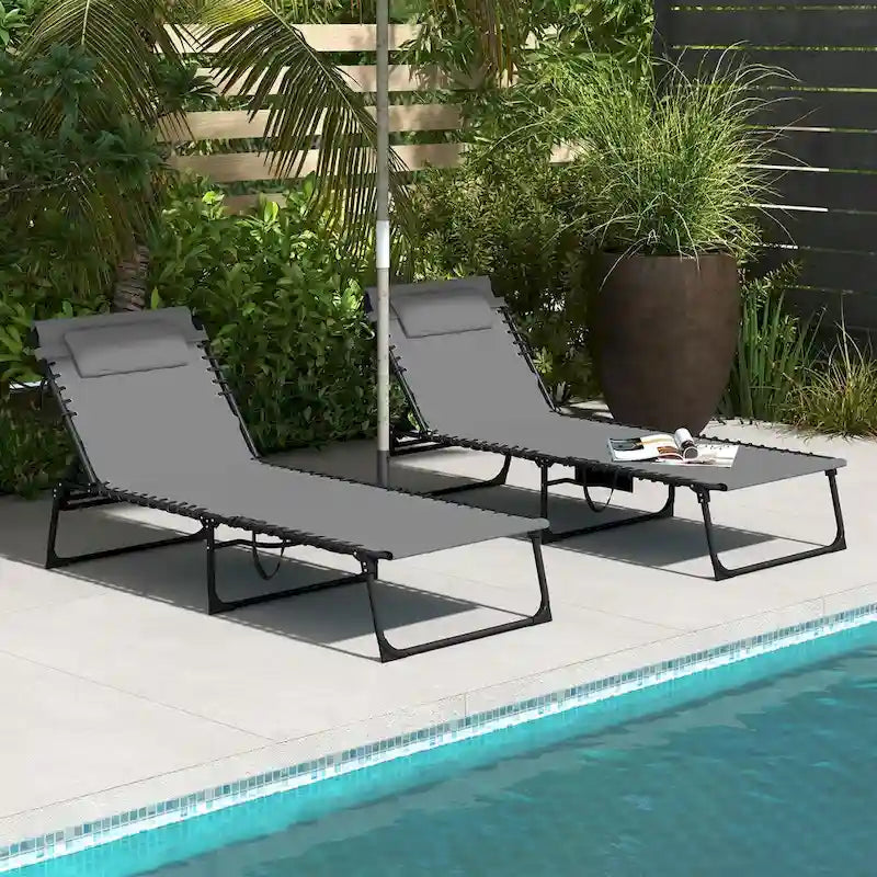 Ensemble de chaise longue pliante avec dossier inclinable à 5 positions, fauteuil de bronzage avec assise rembourrée, poche latérale et appui-tête