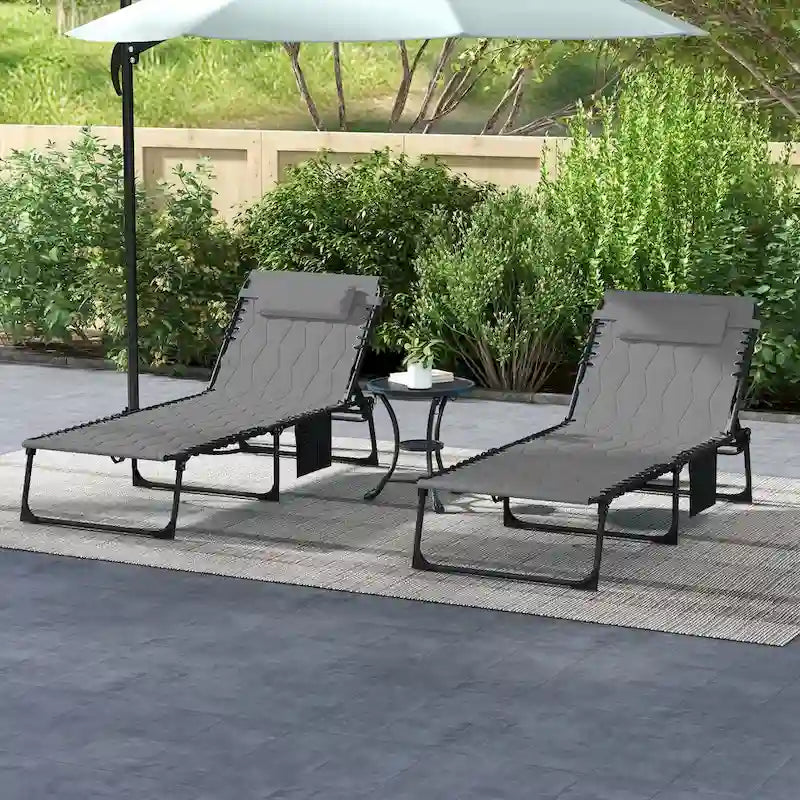 Ensemble de chaise longue pliante avec dossier inclinable à 5 positions, fauteuil de bronzage avec assise rembourrée, poche latérale et appui-tête